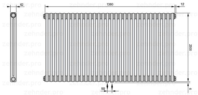 Схема (чертеж) Радиатор Zehnder Charleston 2250/30 №5410 Белый глянцевый RAL 9016